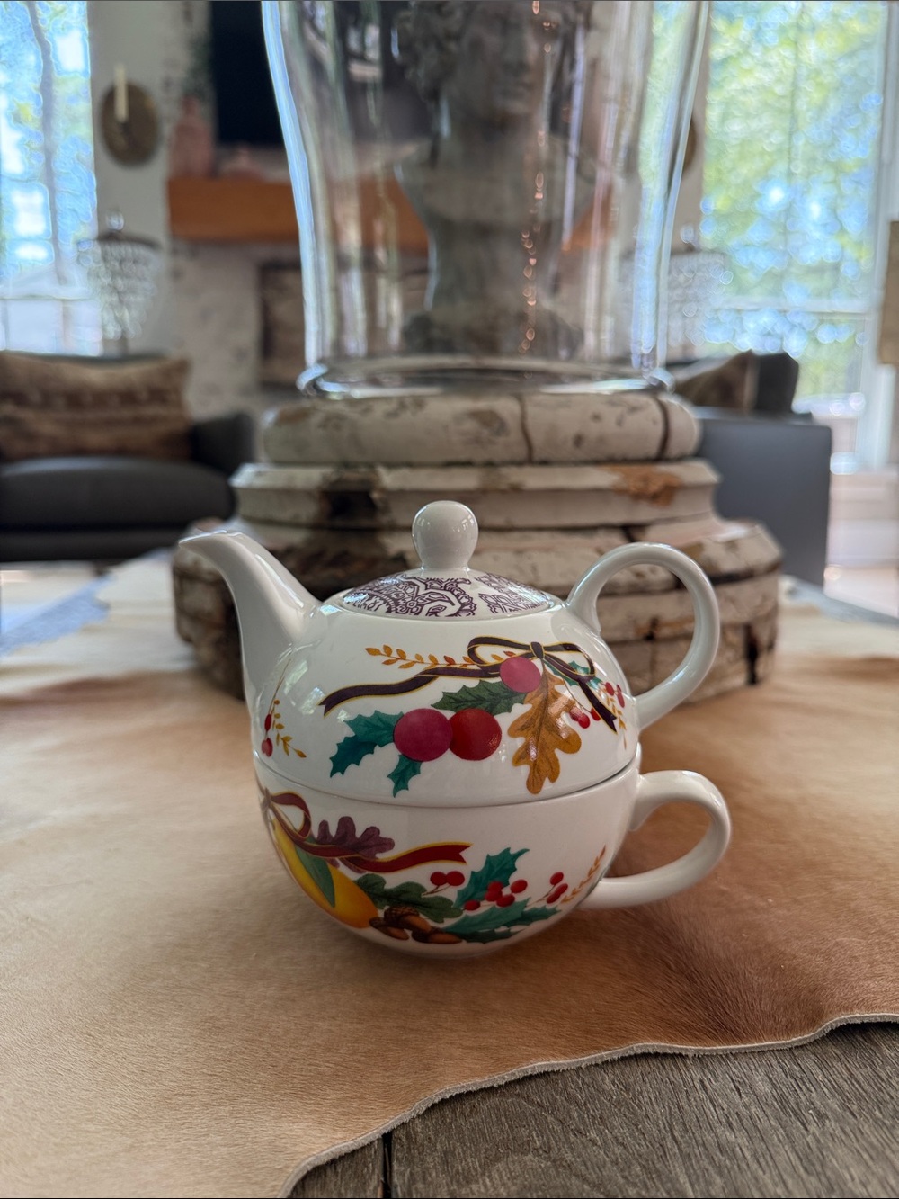 Fringe Studio White Porcelain Teapot and Cup with Red Berries and Green Holly